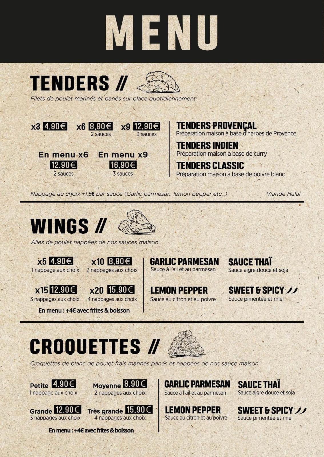 Carte recto : tenders, wings et croquettes, recettes et tarifs. Agrandissez pour lire les détails.