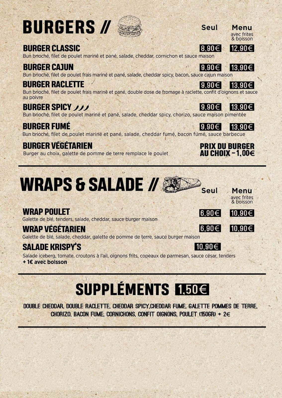 Carte verso : burgers, wraps, salade et suppléments, recettes et tarifs. Agrandissez pour lire les détails.